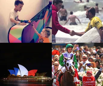 Children playing with colorful harp, surfer handshake on beach, Sydney Opera House lit in French colors, jockey on horse.