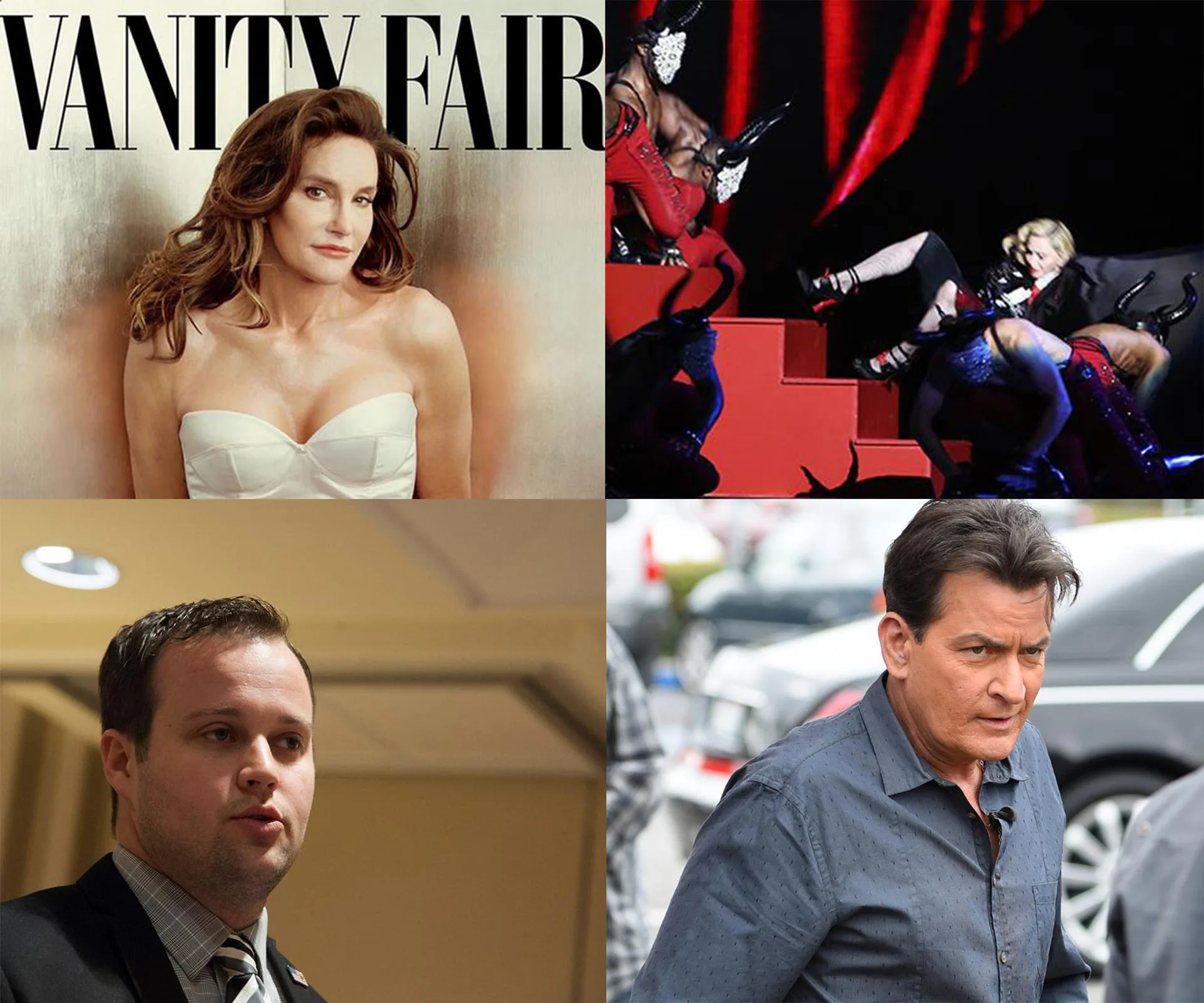 Caitlyn Jenner on Vanity Fair cover; Madonna falls during performance; two men in casual settings.