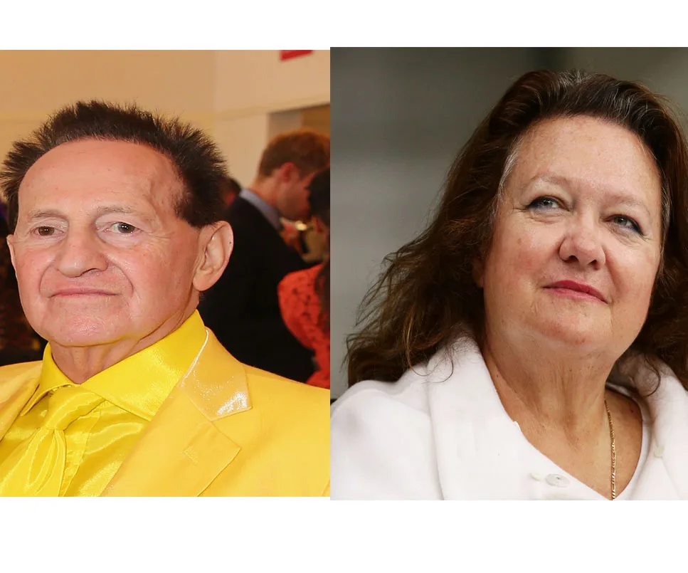 Two individuals side-by-side; one in a yellow suit, the other in white attire, both looking in different directions.