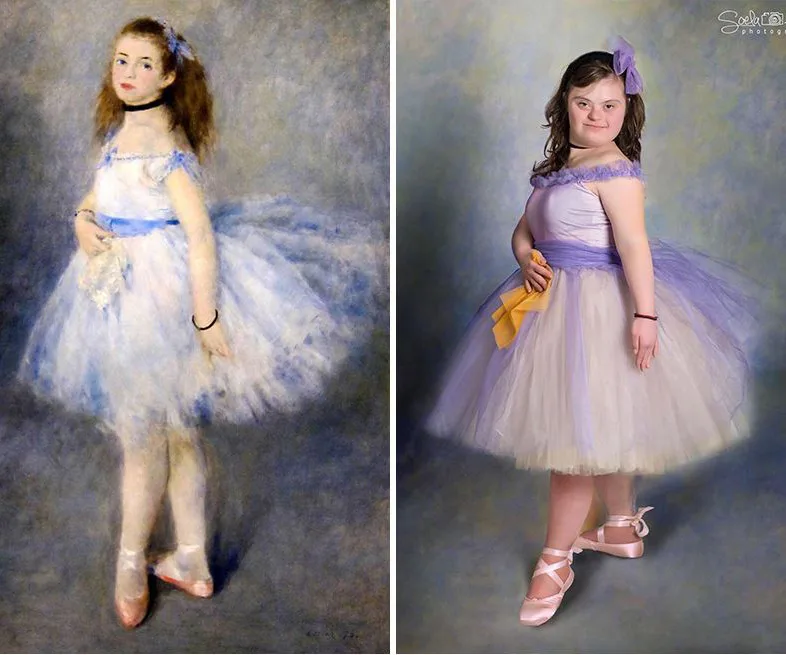 Child with Down syndrome in a tutu, recreating Renoir's painting of a ballet dancer in similar pose and dress.