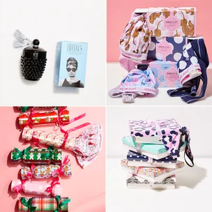 Gift sets featuring pajamas, printed boxes, vibrant ribbons, and a "Breakfast at Tiffany's" themed decorative jar.