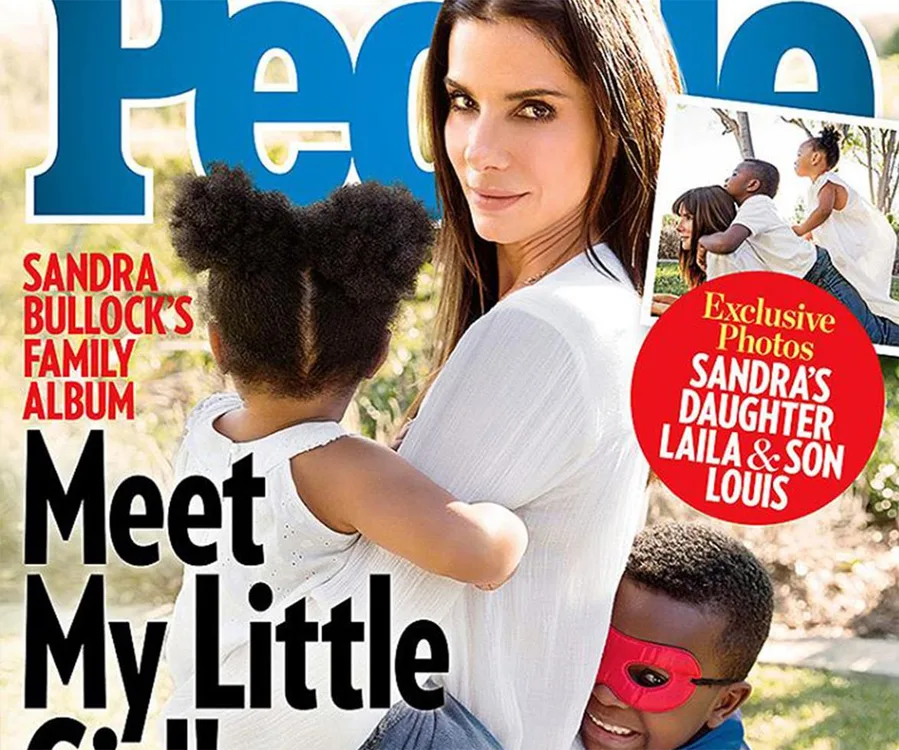 Sandra Bullock on People magazine cover, holding her adopted daughter. Text highlights her family and children, Laila and Louis.