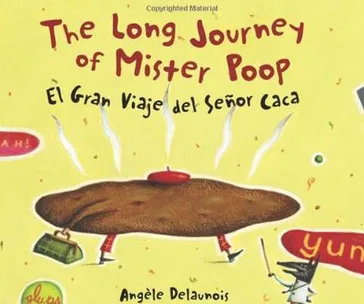 The cover of "The Long Journey of Mister Poop" depicting a poop character with legs and suitcase.