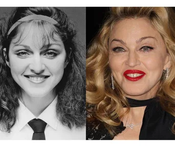 Madonna in a black-and-white photo on the left and a modern color photo on the right, illustrating her transformation.