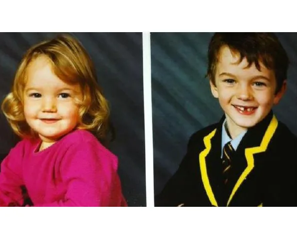 Toddler in pink dress beside young boy in school uniform, both smiling in separate portrait photos.