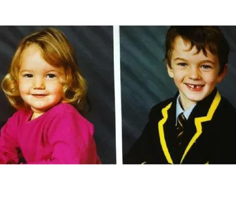 Toddler in pink dress beside young boy in school uniform, both smiling in separate portrait photos.
