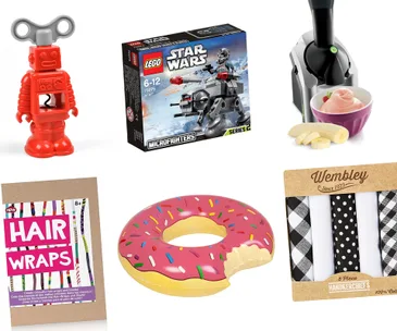 Various last-minute Christmas gift ideas, including a toy robot, Star Wars LEGO set, ice cream maker, and donut pool float.