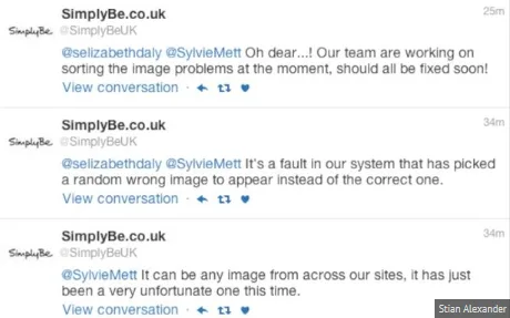 Twitter exchange discussing a technical glitch mistakenly pairing incorrect images with ads on SimplyBe.co.uk.