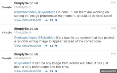 Twitter exchange discussing a technical glitch mistakenly pairing incorrect images with ads on SimplyBe.co.uk.