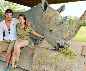 A couple poses with a large rhino, smiling at the camera, in an outdoor setting with greenery.
