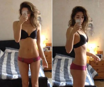 Woman taking a selfie in black bra and maroon underwear, showing front and side profiles in a bedroom.