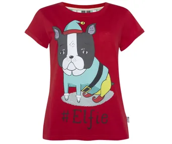 Red T-shirt with cartoon dog in elf costume, reads "#Elfie" at the bottom.