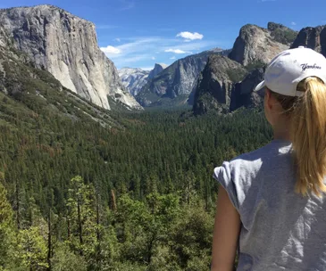 Person in a cap viewing Yosemite Valley with El Capitan and lush green forests under a clear blue sky.