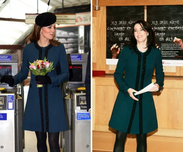 Two women wearing identical teal coats; one at a station, holding flowers, the other giving a speech.