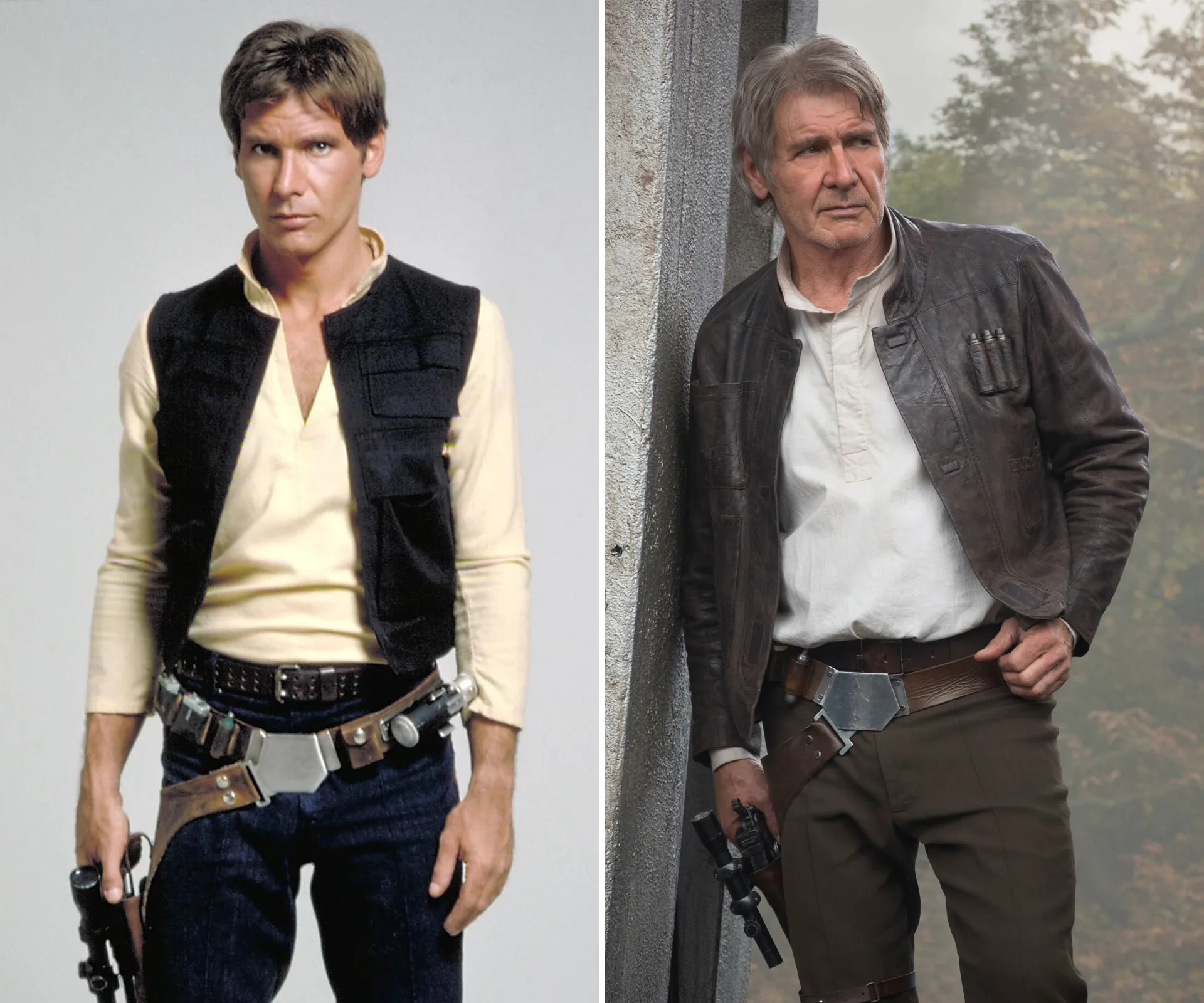 Han Solo then and now; younger in a vest with blaster, older with gray hair in a leather jacket, posing similarly.