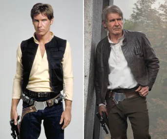 Han Solo then and now; younger in a vest with blaster, older with gray hair in a leather jacket, posing similarly.