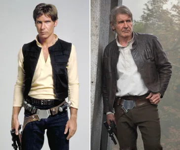 Han Solo then and now; younger in a vest with blaster, older with gray hair in a leather jacket, posing similarly.