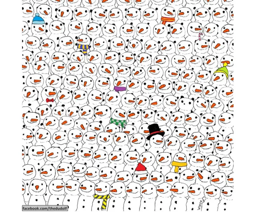 Snowmen crowd with unique hats and scarves; a hidden panda blends among them for a visual puzzle challenge.