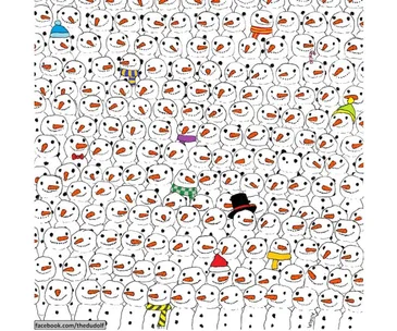 Snowmen crowd with unique hats and scarves; a hidden panda blends among them for a visual puzzle challenge.