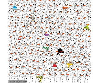 Snowmen crowd with unique hats and scarves; a hidden panda blends among them for a visual puzzle challenge.