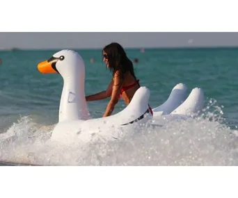 Woman on inflatable swan in the ocean, with waves splashing around.