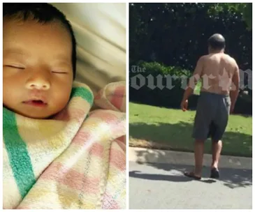 A baby wrapped in a multicolored blanket; a shirtless man walking outdoors on grass.