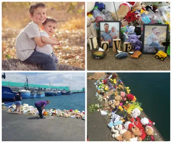 "Collage shows children on a log, memorial with photos and toys, and people placing tributes at a waterfront."
