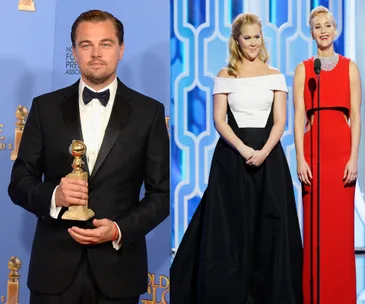 Man in tuxedo with Golden Globe, two women on stage in elegant dresses, Golden Globes 2016.