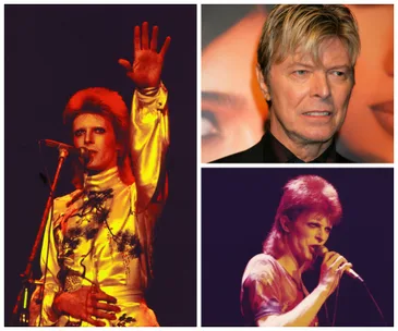 Collage of David Bowie performing, wearing vibrant outfits, and a close-up portrait with short blond hair.