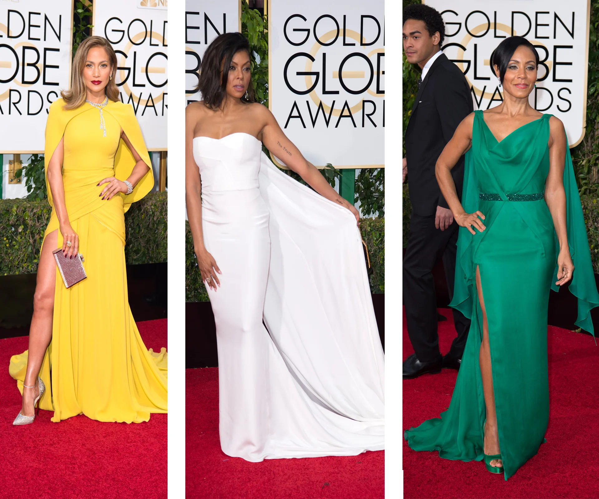 Three women in elegant gowns on the red carpet at the Golden Globe Awards.