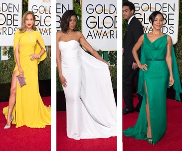 Three women in elegant gowns on the red carpet at the Golden Globe Awards.