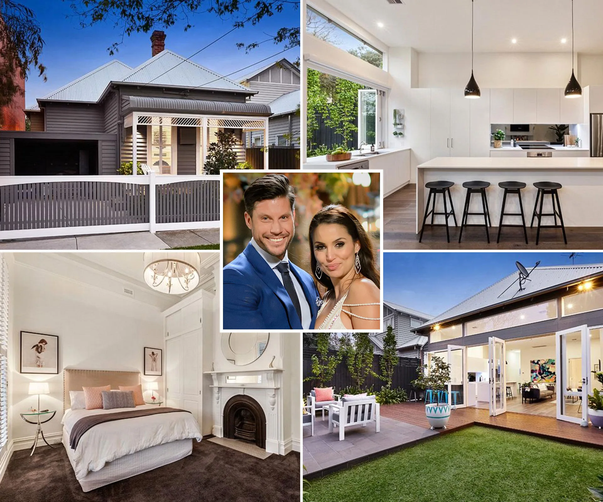 Modern home exterior, stylish kitchen, cozy bedroom, outdoor patio, and inset of a smiling couple in formal wear.