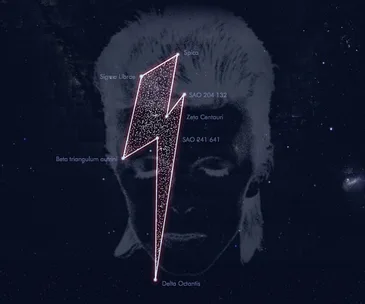 Lightning bolt constellation in space, symbolizing David Bowie with star markers named after him.