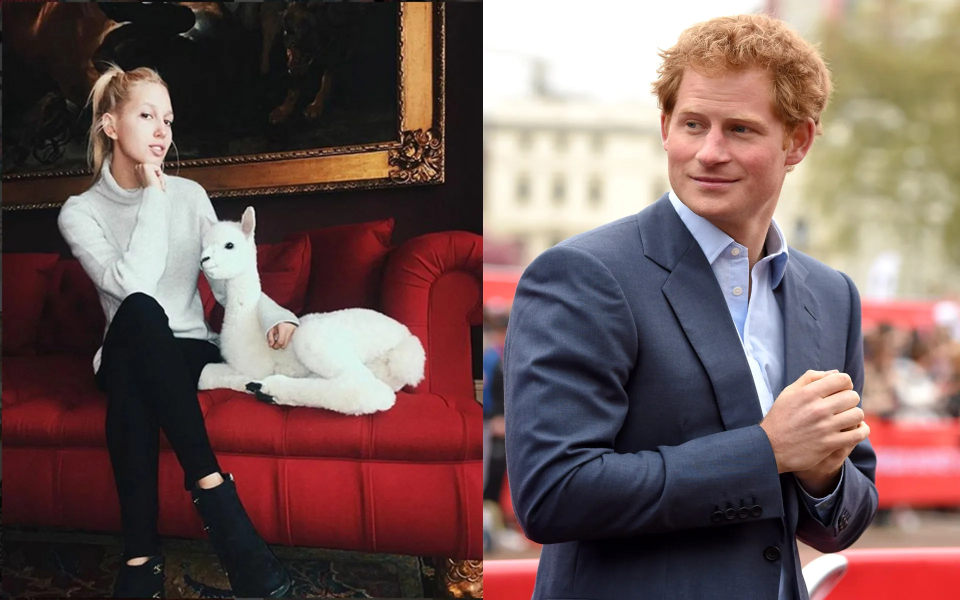 Two photos: On the left, a woman with a llama plush on a red sofa. On the right, a man in a suit outdoors.