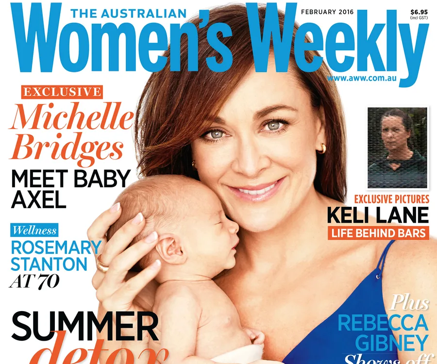 Michelle Bridges holds baby Axel on Australian Women's Weekly cover, February 2016.