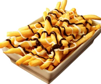 McDonald's fries drizzled with chocolate and white sauce in a rectangular tray.
