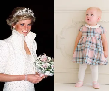 "Princess Diana in a tiara and gown holding flowers; young child in plaid dress looking up."