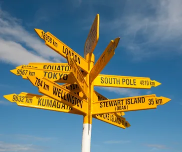 Yellow directional signs pointing to various cities and landmarks with distances in kilometers under a blue sky.
