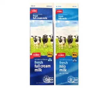 Coles fresh full cream and hilo milk cartons with dairy cow images.