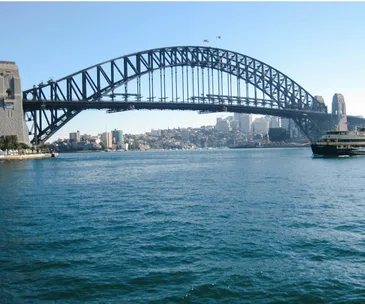 Sydney Harbour Bridge over water with a ferry cruising nearby.