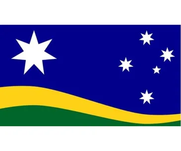 A proposed design for a new Australian flag, featuring stars on a blue field and green and yellow waves.