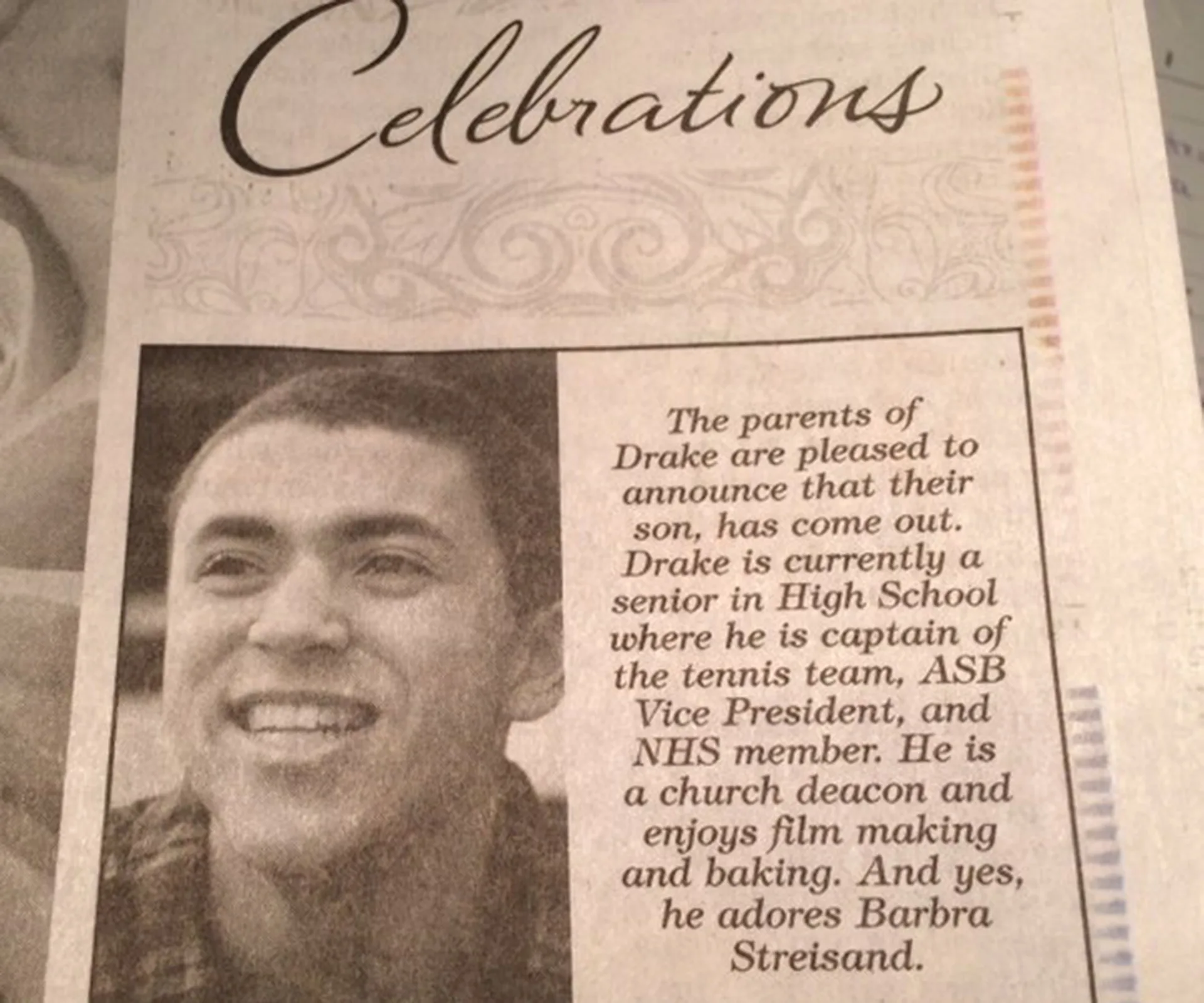 Newspaper ad with headline "Celebrations," featuring a young man's photo and a congratulatory message from his parents on coming out.