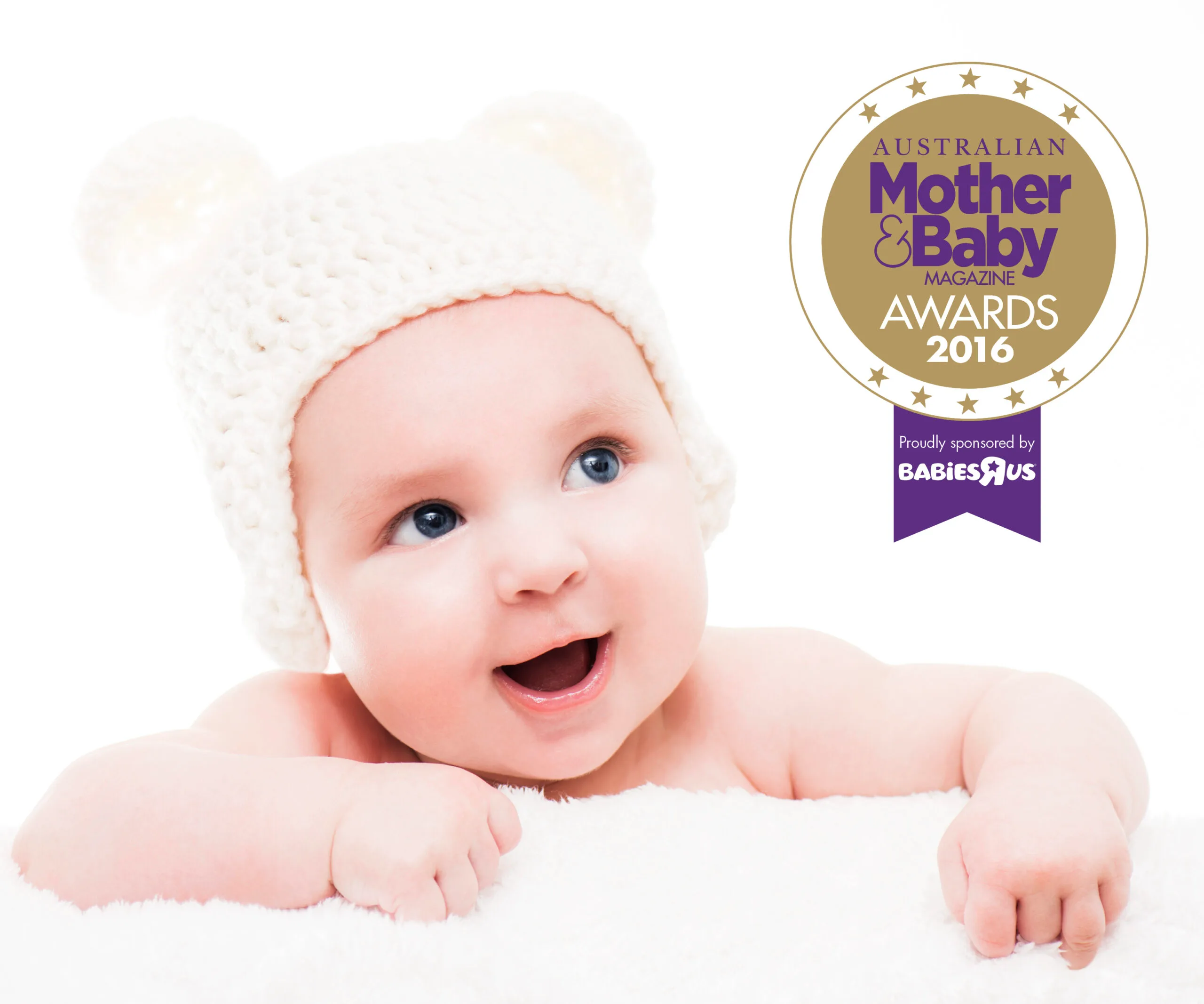 Baby wearing a knitted hat with bear ears, next to 2016 Australian Mother & Baby Awards logo, sponsored by Babies "R" Us.