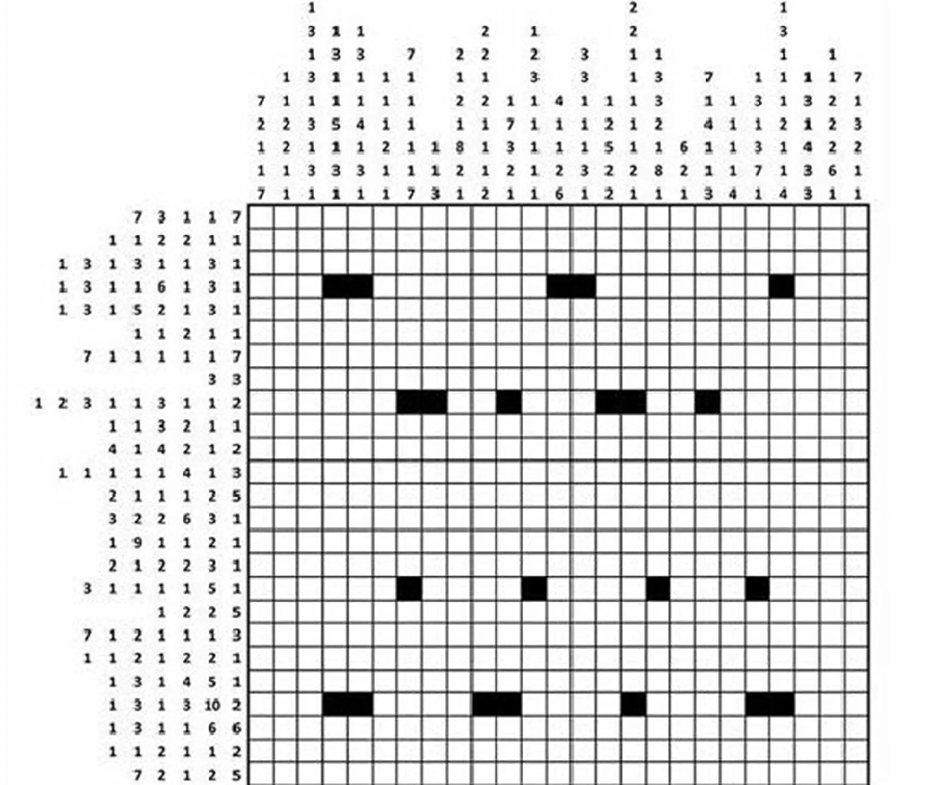 A nonogram puzzle with numbered clues and a partially filled grid, requiring logic to reveal a hidden image.