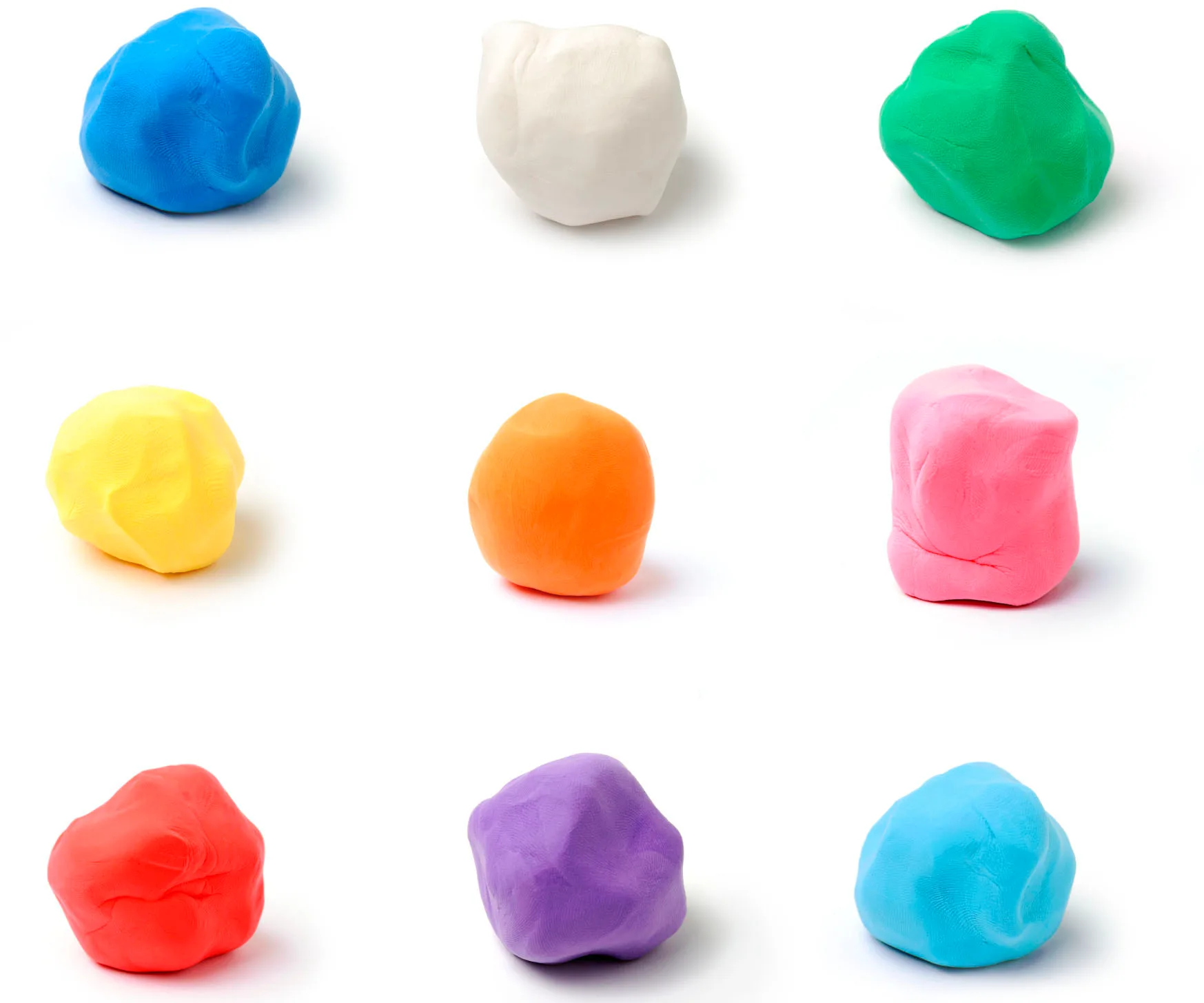 Nine colorful balls of clay in blue, white, green, yellow, orange, pink, red, purple, and light blue arranged in a grid.