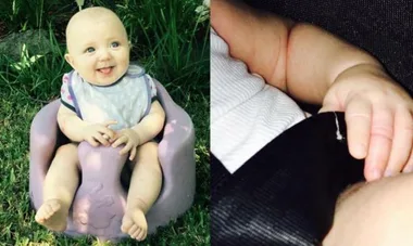 A baby sitting in a chair smiling, and a close-up of a hand with a hair wrapped around a finger.