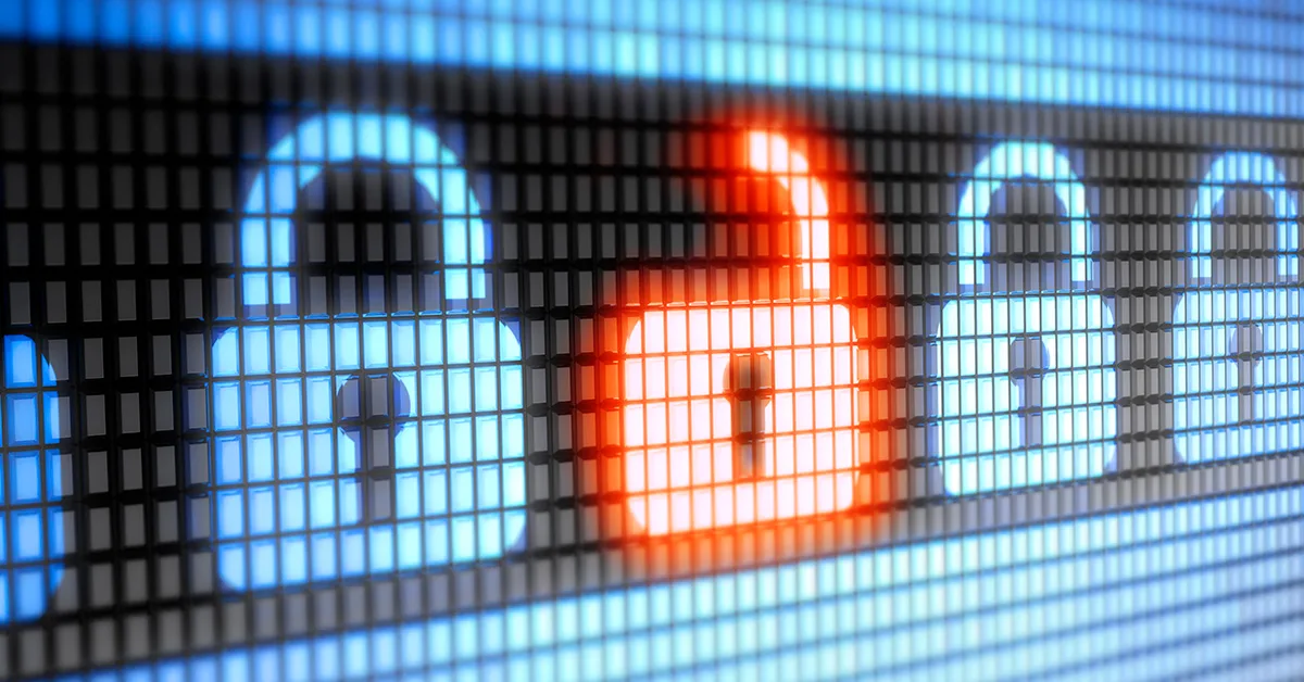 Digital lock icons, one unlocked and glowing orange, representing security breach concept.
