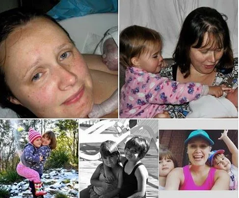Collage of a mother with her children in various settings, including holding a newborn, outdoor play, and selfies.