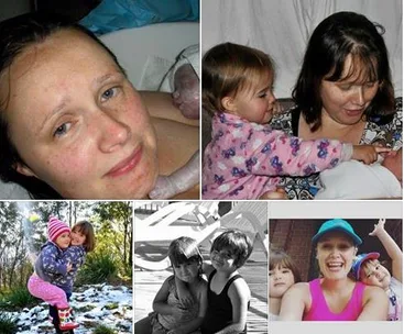 Collage of a mother with her children in various settings, including holding a newborn, outdoor play, and selfies.
