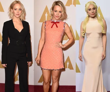 Three women pose on the red carpet at the 2016 Academy Awards Luncheon, each in different stylish outfits.